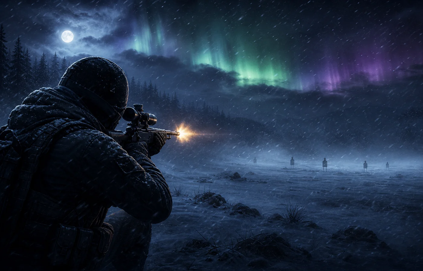 A winter marksman firing at distant targets through a Namalsk blizzard