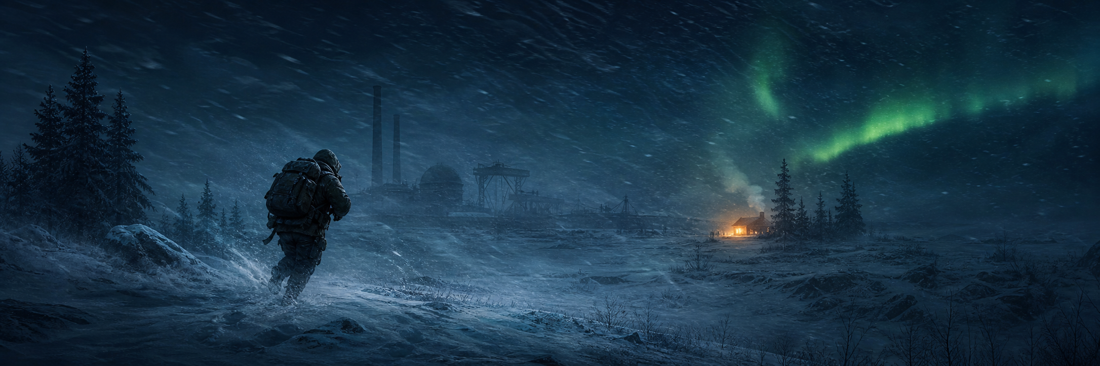 A lone Namalsk survivor running through a whiteout toward a warm shelter